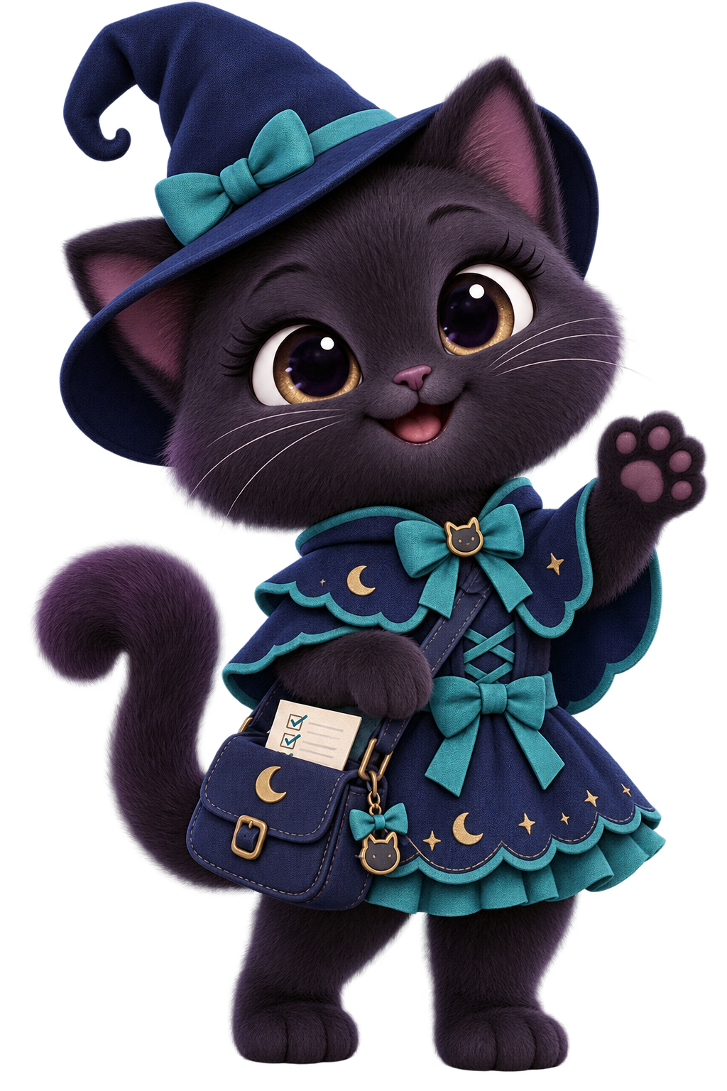 Cleo Care, an adorable cat in a navy witch costume and teal bows