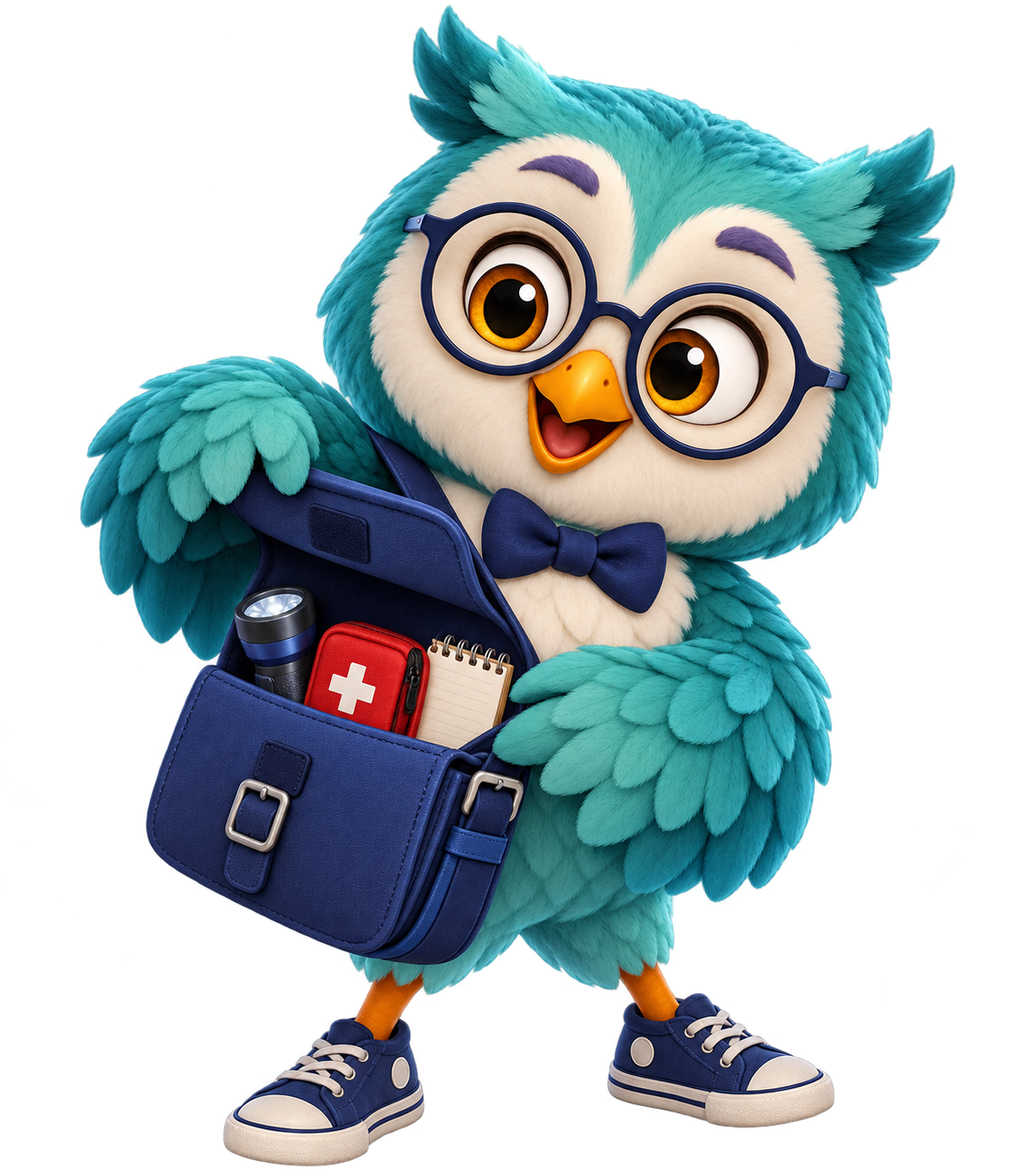 Scout, a friendly teal owl opening a preparedness kit
